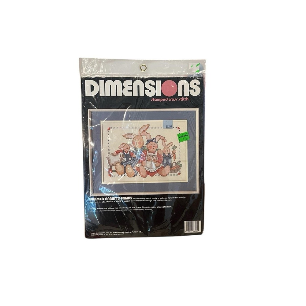 Dimensions Farmer Rabbit's Family Stamped Cross Stitch Kit 3101 Vintage 1989 NEW